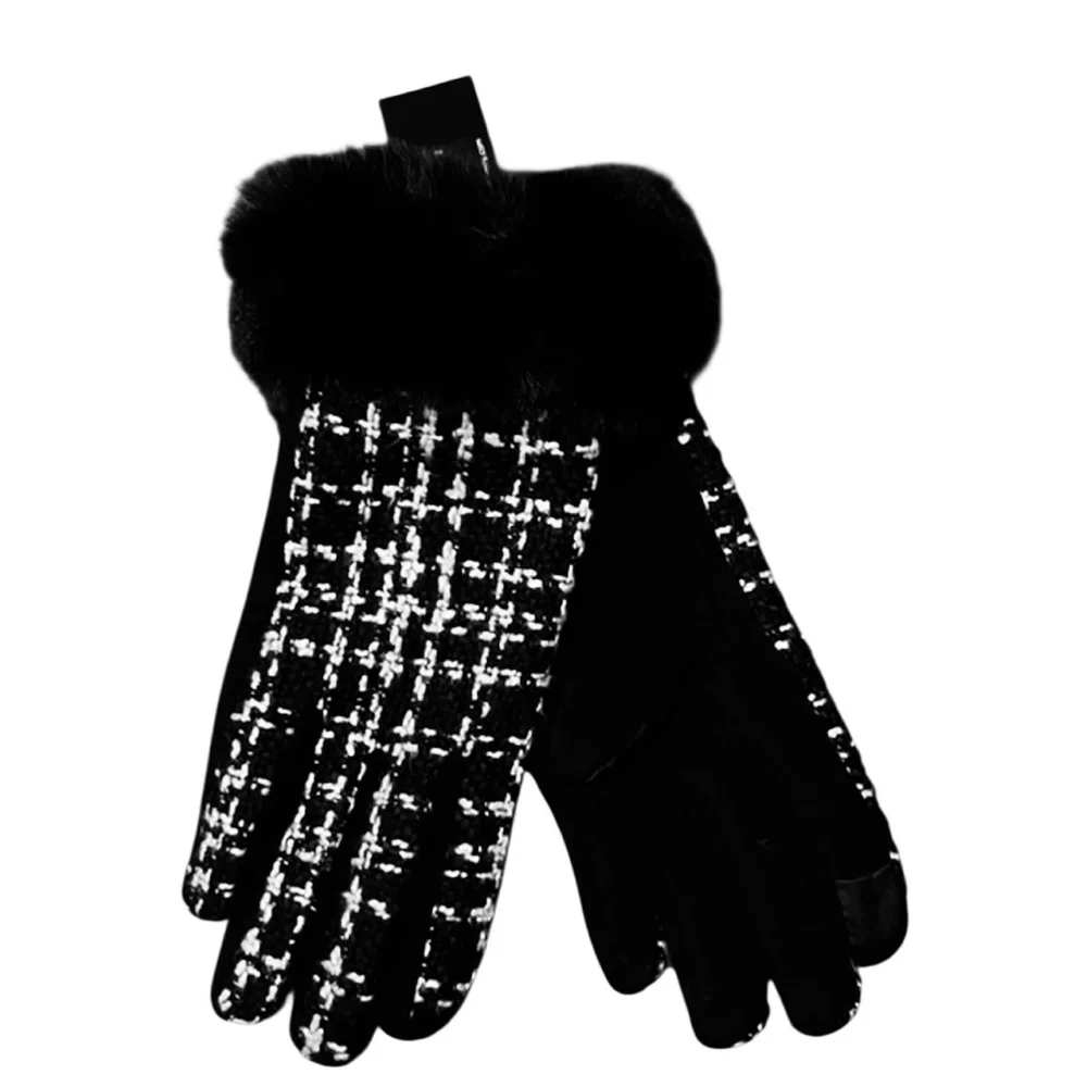 Chic Black & White Tweed Plaid Patterned Faux  Fur-Trimmed Touchscreen Gloves